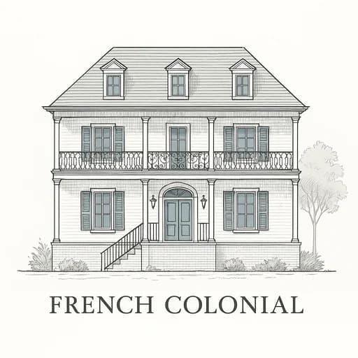 French Colonial house with dormer windows, external stairs, and iron balconies