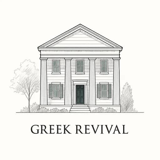 Greek Revival style house with triangular roof, large porch, and Greek-inspired columns