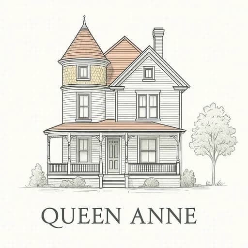 Queen Anne style house with textured walls, large towers, and decorative spindles