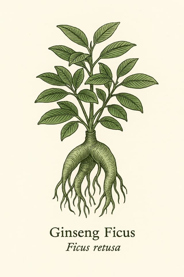 Ginseng ficus bonsai with thick roots and dark green leaves